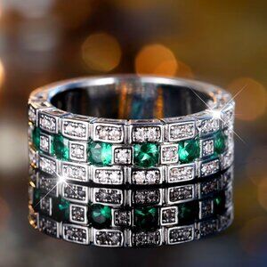 NEW 14k White Gold Emerald Green Diamond Ring Band Princess Cut Ring